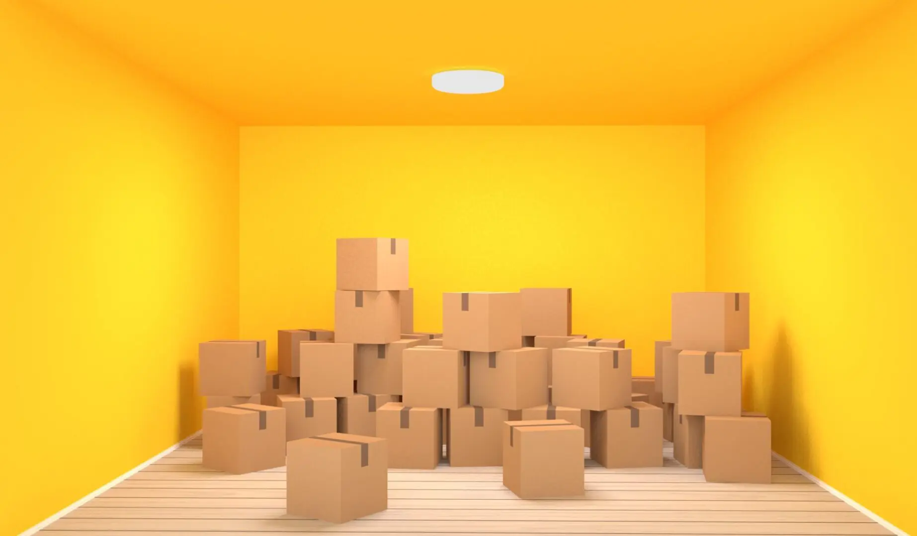 Card board boxes in yellow room store. Relocation and moving pac