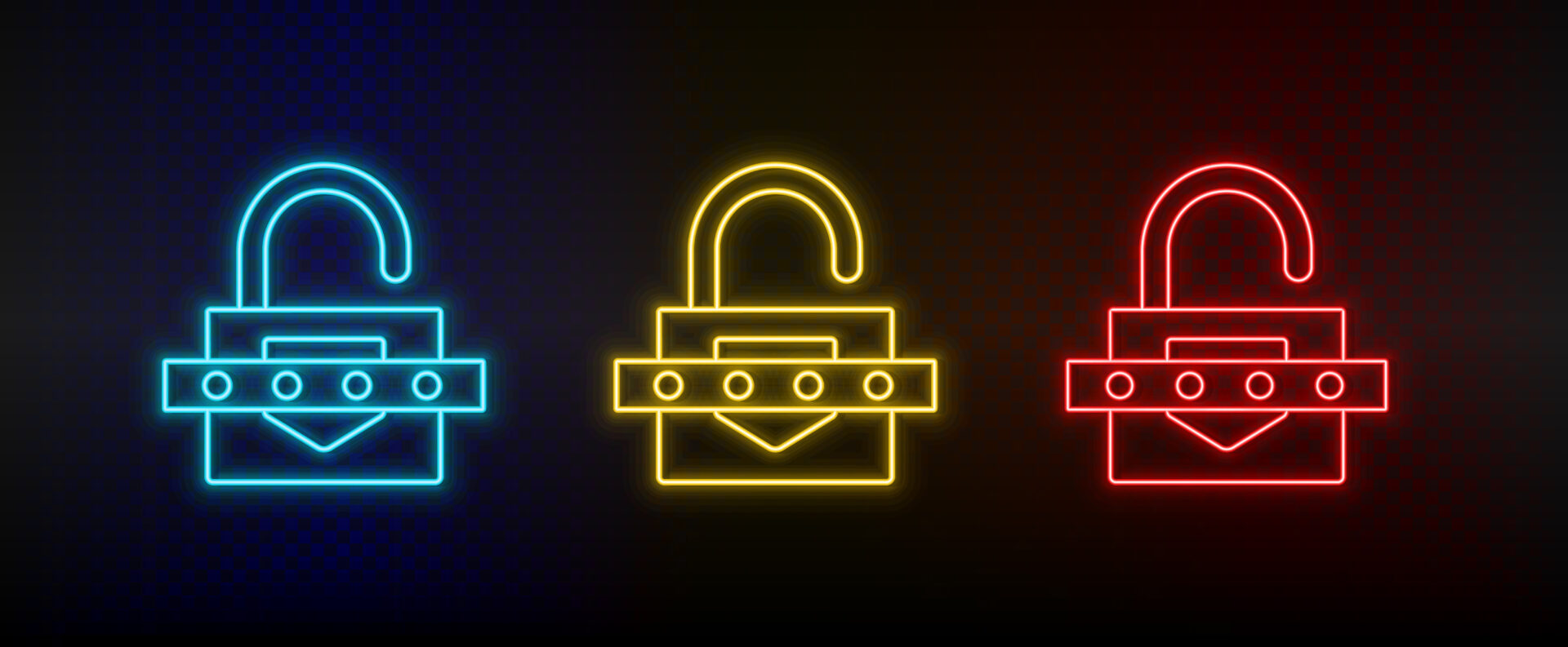 Neon icon set Key lock password. Set of red, blue, yellow neon vector icon on transparency dark background